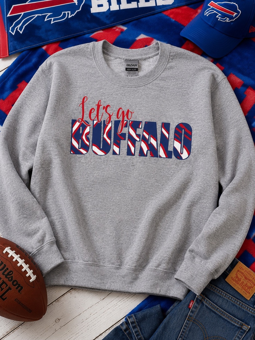Buffalo Bills Sweatshirt Small Gray “Let’s Go Buffalo” NFL Fan Crewneck